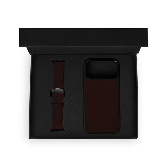 Set of black calf leather flotar, case for iPhone and Apple Watch strap