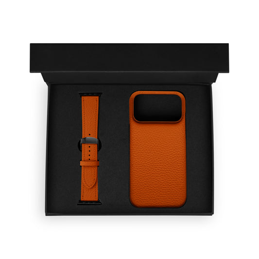 Набор из чёрной телячьей кожи флотар: чехол для iPhone и ремешок Apple Watch