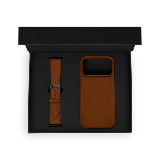 Set of black calf leather flotar, case for iPhone and Apple Watch strap