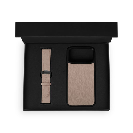 Set of beige calf leather floater, iPhone case and Apple Watch strap