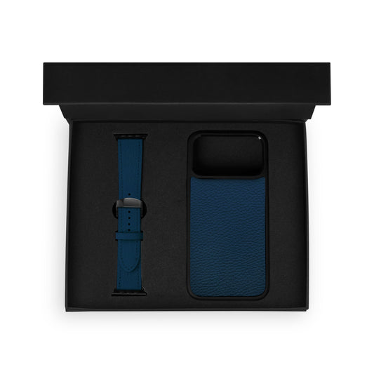Set of dark blue calf leather floater, iPhone case and Apple Watch strap