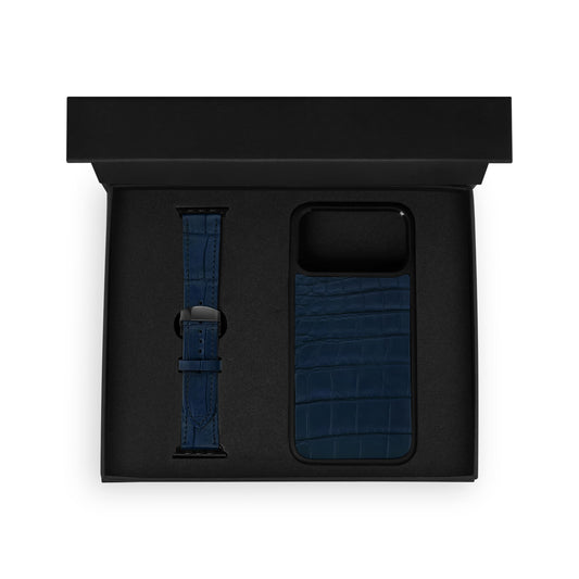 Dark blue crocodile leather set, iPhone case and Apple Watch strap