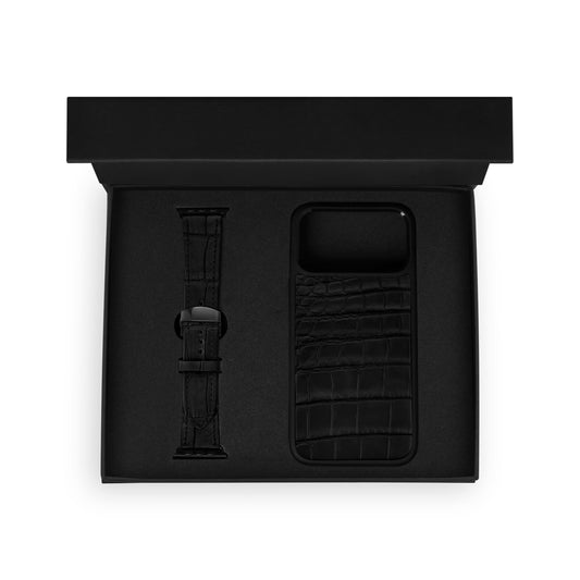 Набір із чорної шкіри крокодила, чохол для iPhone та ремінець Apple Watch