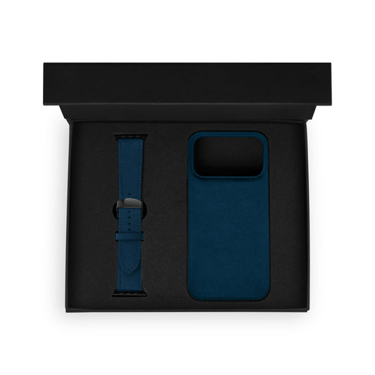 Set of black calf leather flotar, case for iPhone and Apple Watch strap