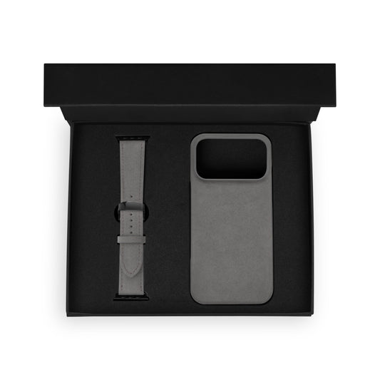 Set of black calf leather flotar, case for iPhone and Apple Watch strap