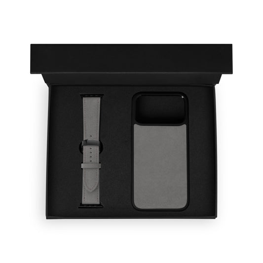 Set of black calf leather flotar, case for iPhone and Apple Watch strap