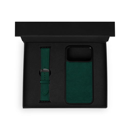 Set of black calf leather flotar, case for iPhone and Apple Watch strap