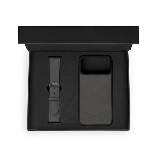 Set of black calf leather flotar, case for iPhone and Apple Watch strap