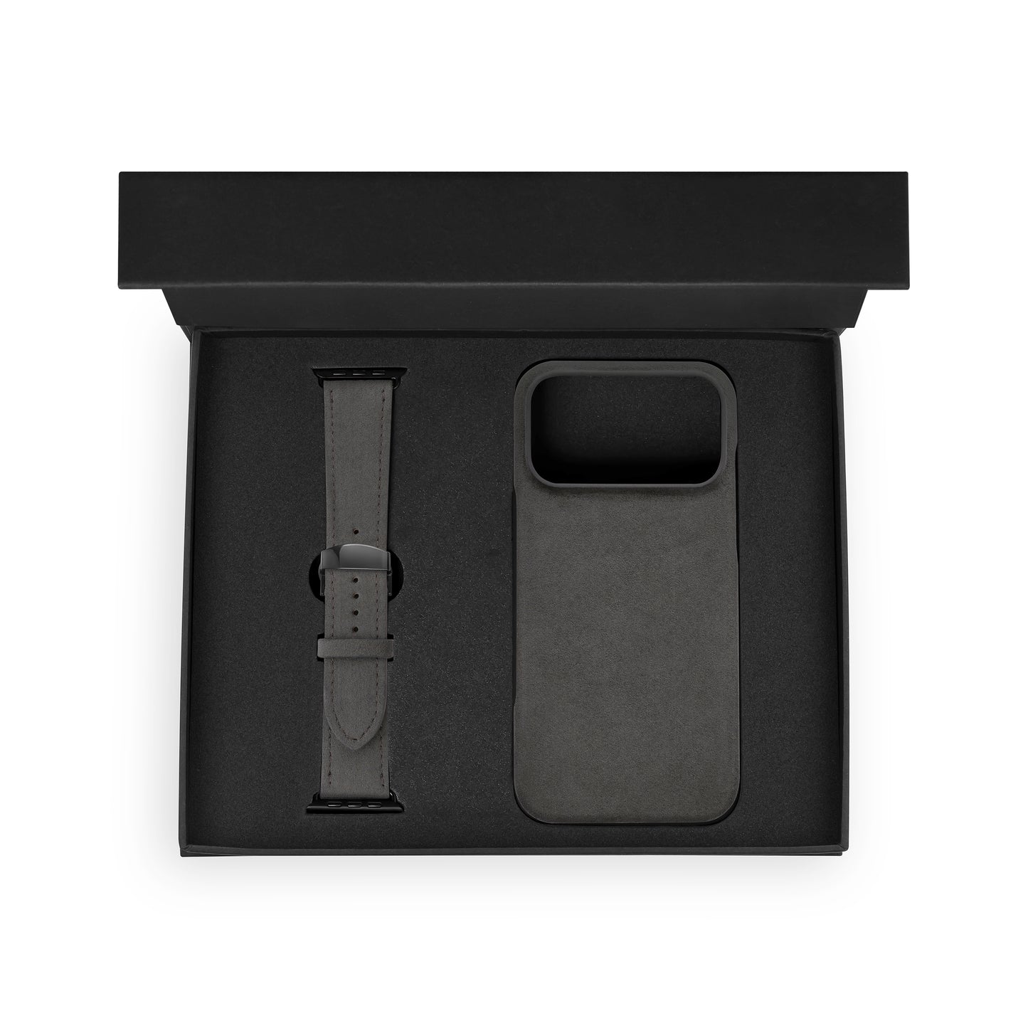 Set of black calf leather flotar, case for iPhone and Apple Watch strap