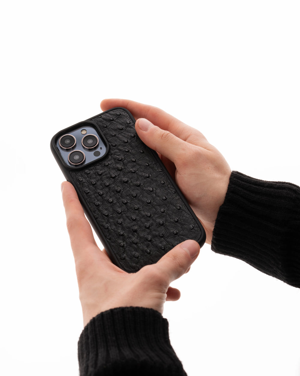 Black ostrich leather case with follicles for iPhone 14 Plus