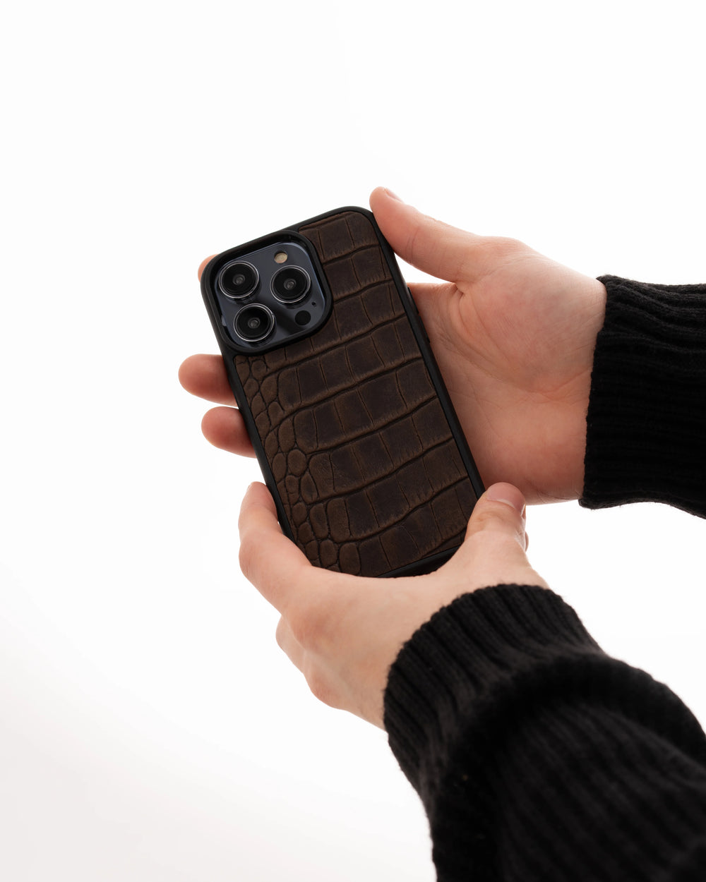 Dark brown crocodile embossing calfskin case for iPhone 14 Plus
