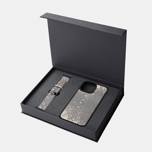 Набір із чорно-білої шкіри ігуани, чохол для iPhone та ремінець Apple Watch