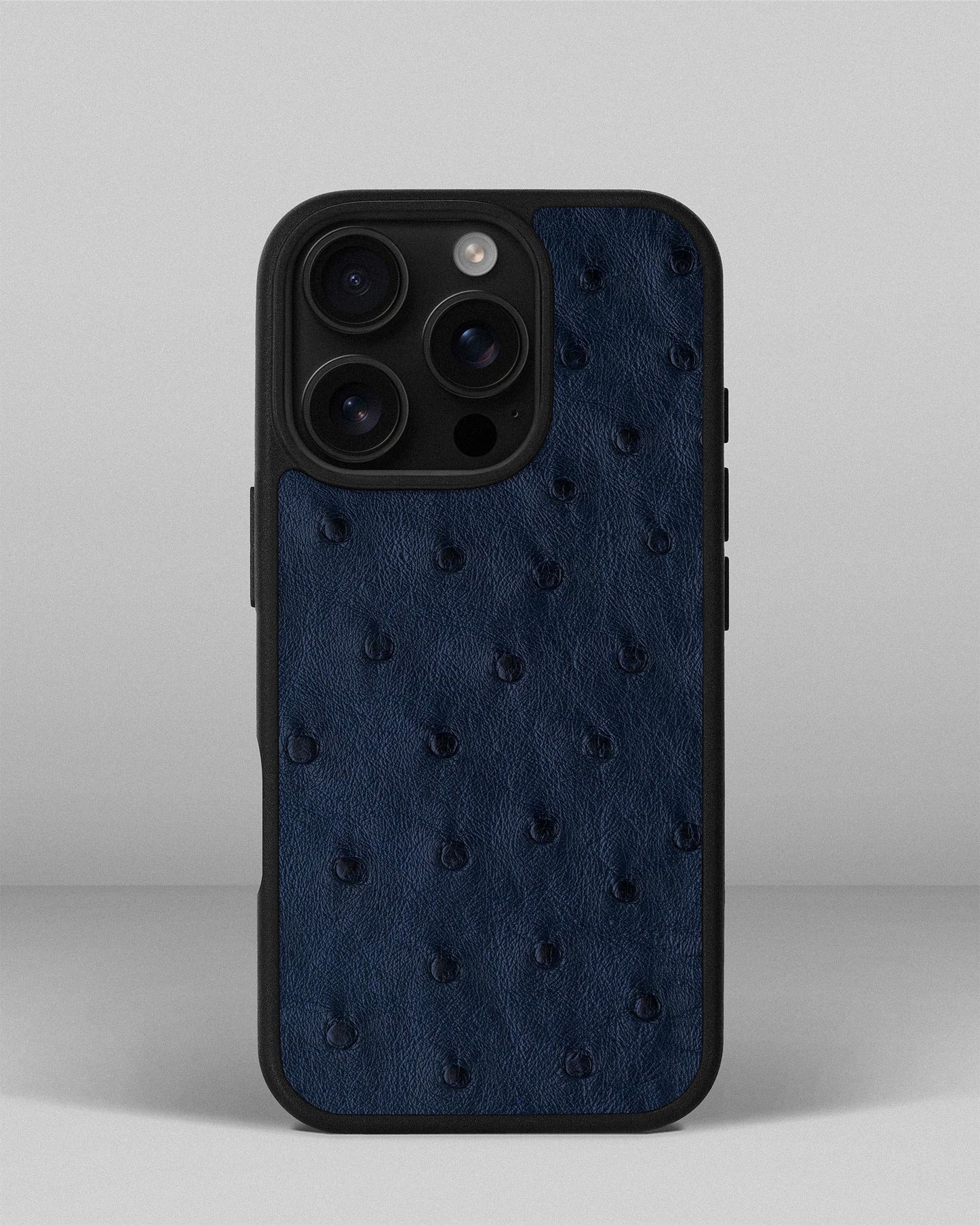 Чохол із темно-синьої шкіри страуса з фолікулами для iPhone 16 Pro