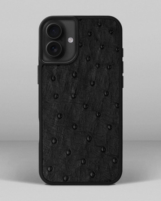 Чохол із чорної шкіри страуса з фолікулами для iPhone 16 Plus