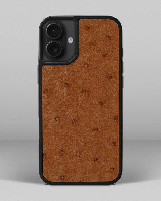 Чохол із коричневої шкіри страуса з фолікулами для iPhone 16 Plus