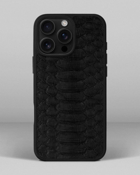 Чохол із чорної шкіри пітона з широкими лусочками для iPhone 16 Pro Max