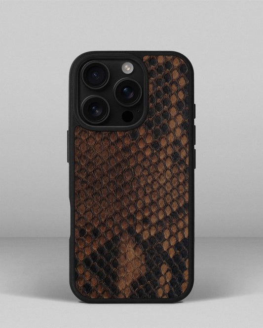 Чохол із коричневої шкіри пітона з дрібними лусочками для iPhone 16 Pro