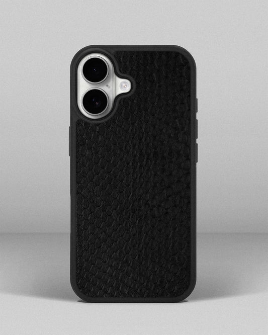 Чохол із чорної шкіри пітона з дрібними лусочками для iPhone 17
