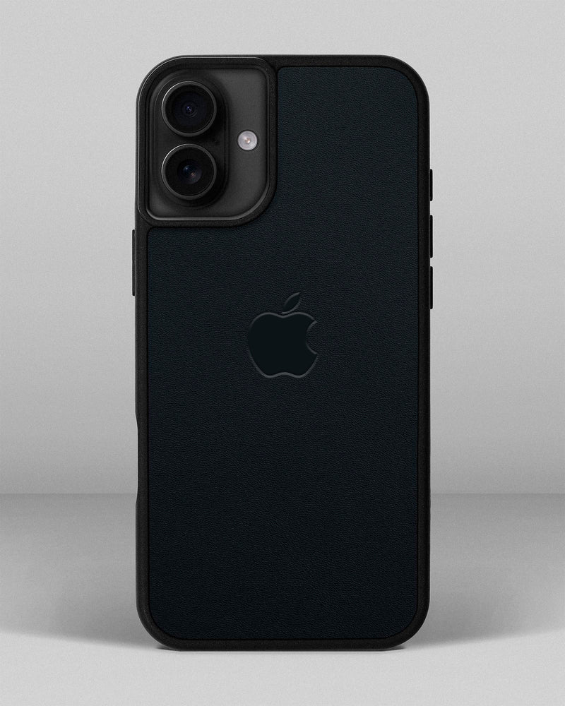Чохол для iPhone 16 Plus із шкіри купон в темно-синього кольорі з логотипом яблука