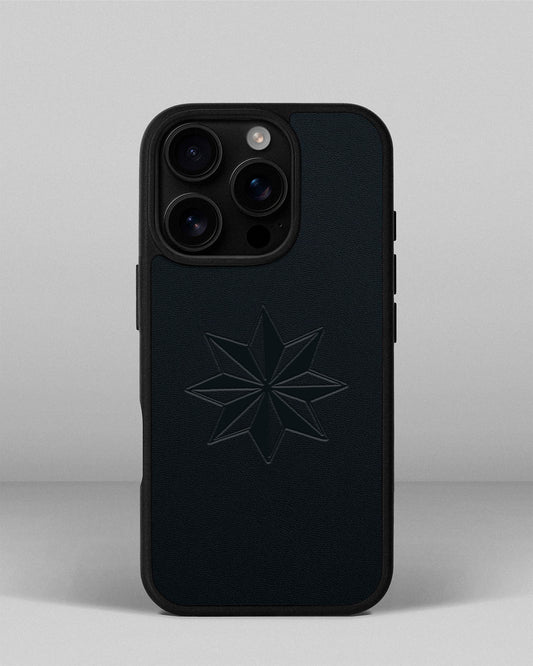 Чохол для iPhone 16 Pro із шкіри купон в темно-синього кольорі з тисненням Роза вітрів