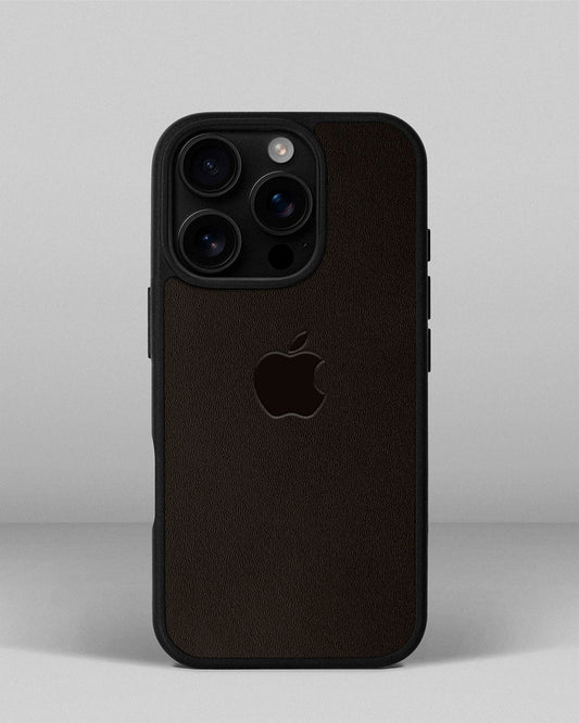 Чохол для iPhone 16 Pro із шкіри купон в темно-коричневому кольорі з логотипом яблука