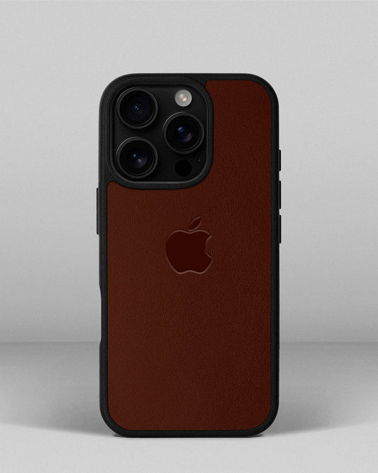 Чохол для iPhone 16 Pro із шкіри купон в рудому кольорі з логотипом яблука