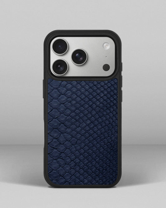 Dark blue python skin case with small scales for iPhone 17 Pro