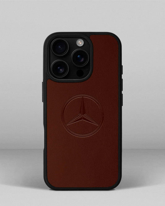 Чохол для iPhone 16 Pro із шкіри купон в рудому кольорі з логотипом Mercedes