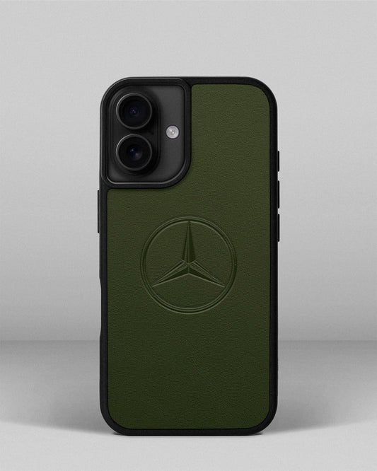 Чохол для iPhone 16 із шкіри купон в зеленому кольорі з логотипом Mercedes