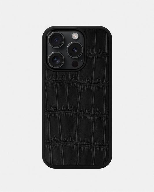 Чохол із чорної шкіри крокодила для iPhone 15 Pro