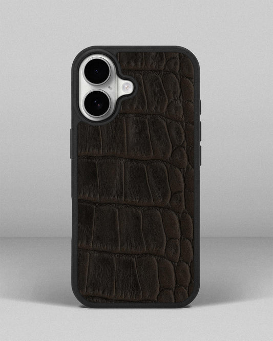 Dark brown crocodile embossed calfskin case for iPhone 17