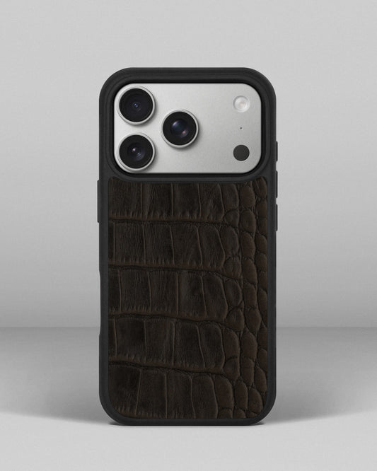 Dark brown crocodile embossed calfskin case for iPhone 17 Pro