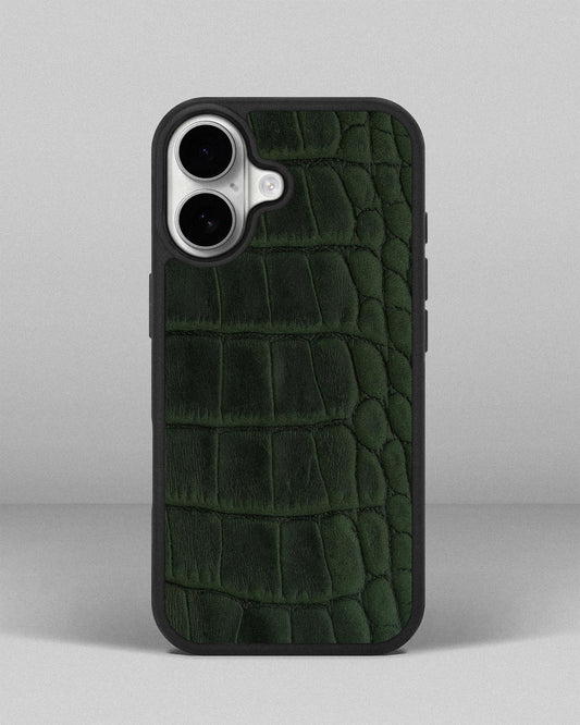 Dark green crocodile embossed calfskin case for iPhone 17