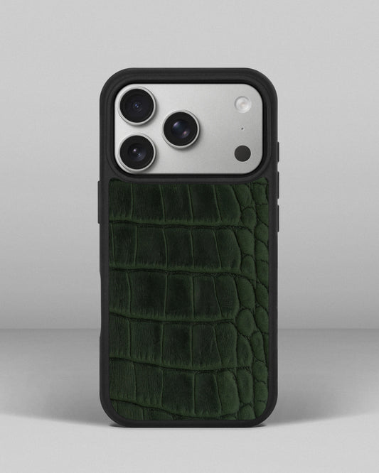 Dark green crocodile embossed calfskin case for iPhone 17 Pro