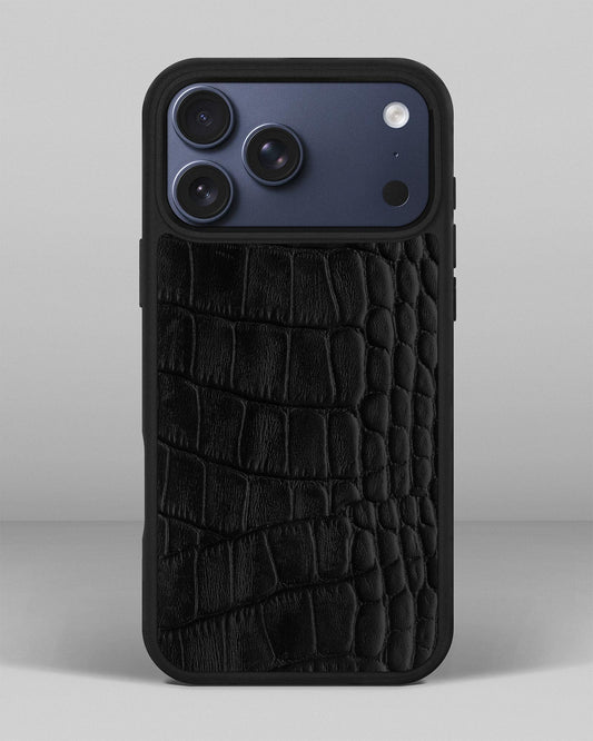 Чохол із чорного тиснення під крокодила на телячій шкірі для iPhone 17 Pro Max