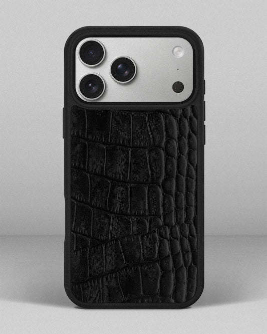 Чохол із чорного тиснення під крокодила на телячій шкірі для iPhone 17 Pro Max