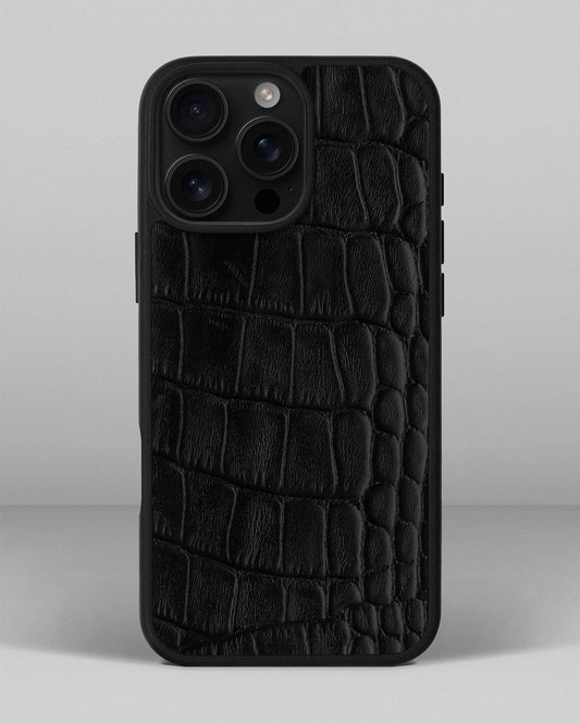 Чохол із чорного тиснення під крокодила на телячій шкірі для iPhone 16 Pro Max