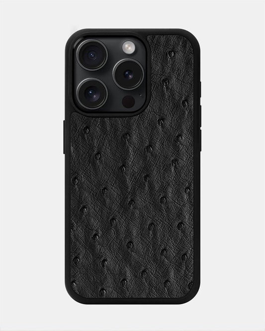 Чохол із чорної шкіри страуса з фолікулами для iPhone 15 Pro Max