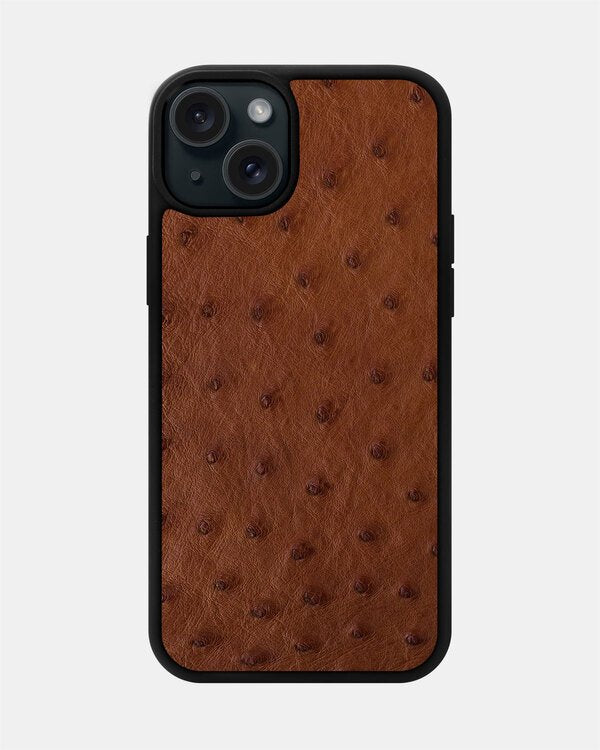 Чохол із коричневої шкіри страуса з фолікулами для iPhone 15 Plus